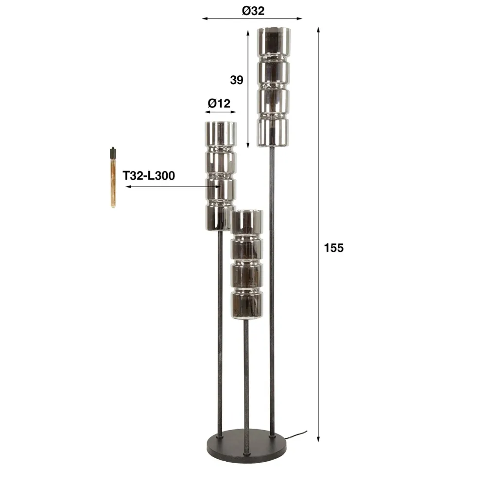 Giga Meubel Vloerlamp Cylinder - Chroom Glas - 3-Lichts - 32x32x155cm