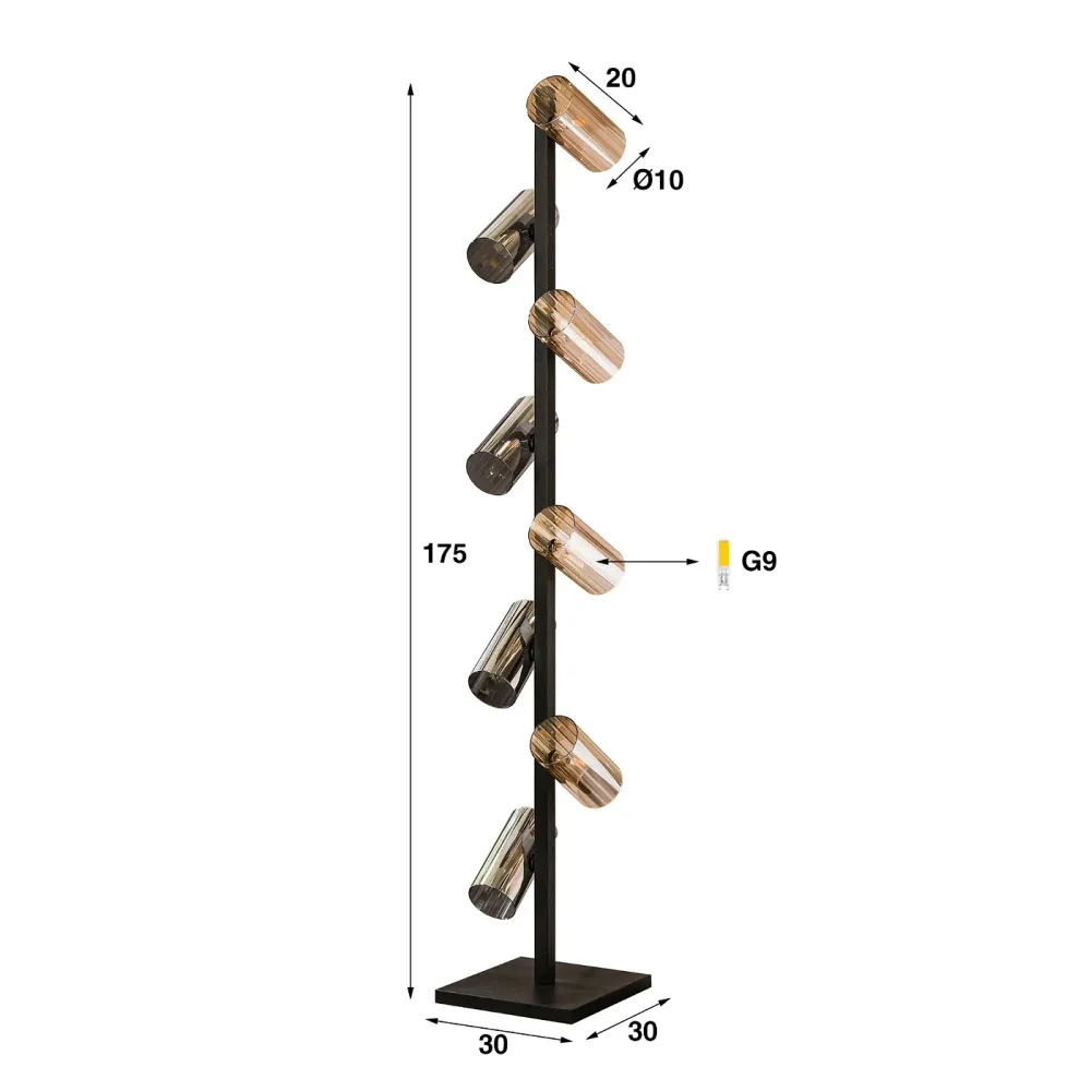Giga Meubel Vloerlamp Cylinder - Zwart Metaal - 8-Lichts - 30x30x175cm