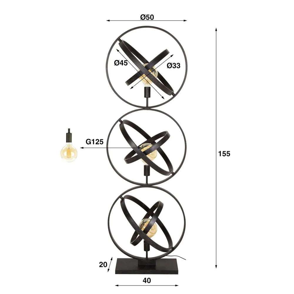 Giga Meubel Vloerlamp Galaxy - Zwart Metaal - 3-Lichts - 50x45x155cm