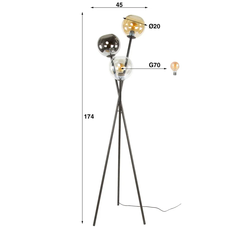 Giga Meubel Vloerlamp Multi Globe - Zwart Metaal - 3-Lichts - 45x45x174cm