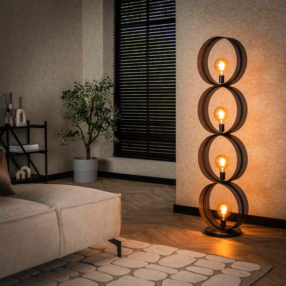 Giga Meubel Vloerlamp Ring - Zwart Metaal - 4-Lichts - 40x30x162cm