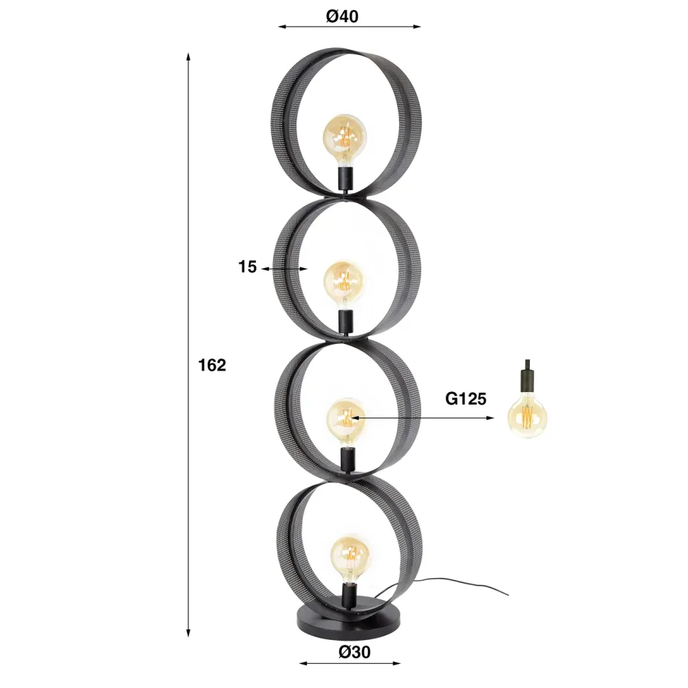 Giga Meubel Vloerlamp Ring - Zwart Metaal - 4-Lichts - 40x30x162cm