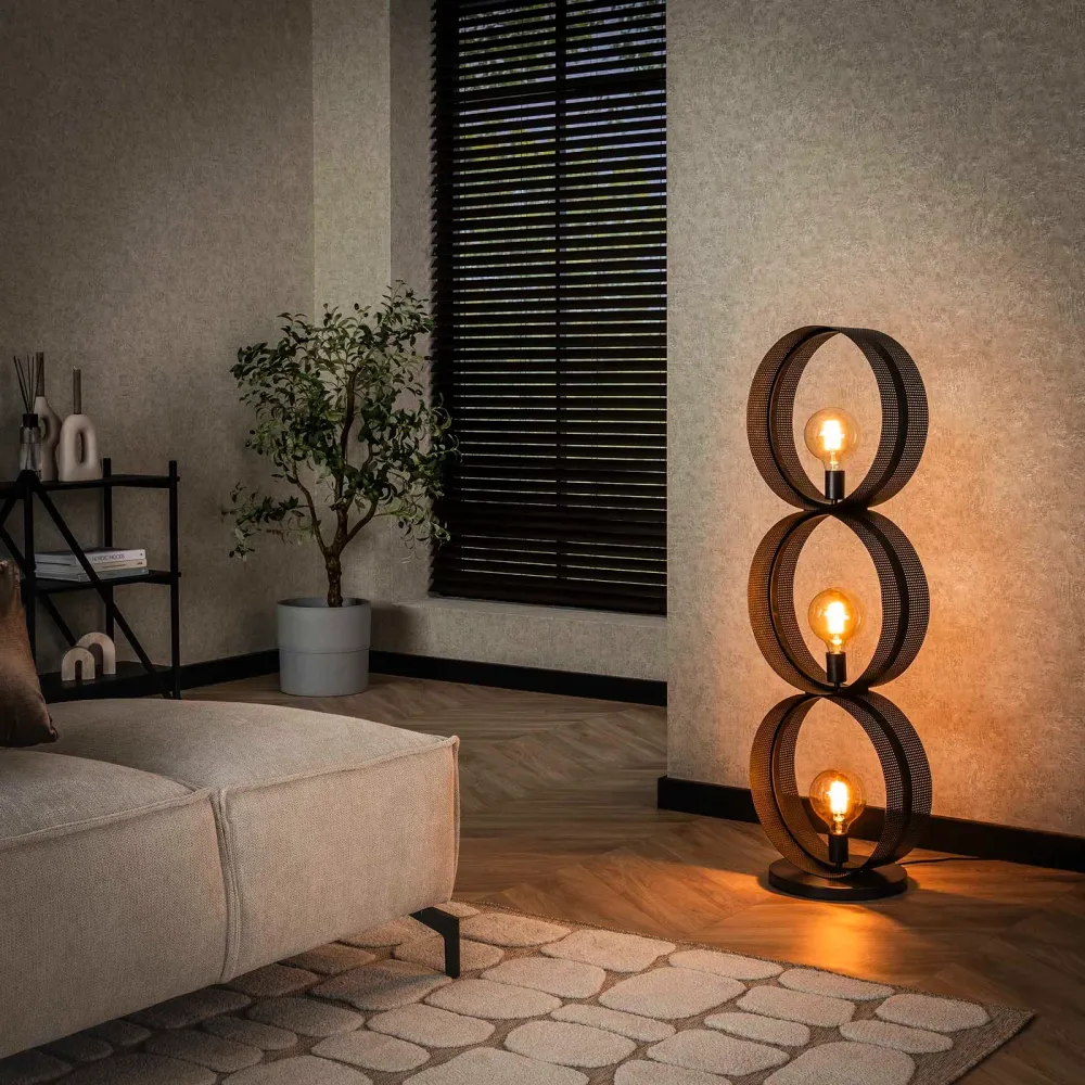Giga Meubel Vloerlamp Ring - Zwart Metaal - 3-Lichts - 40x30x122cm