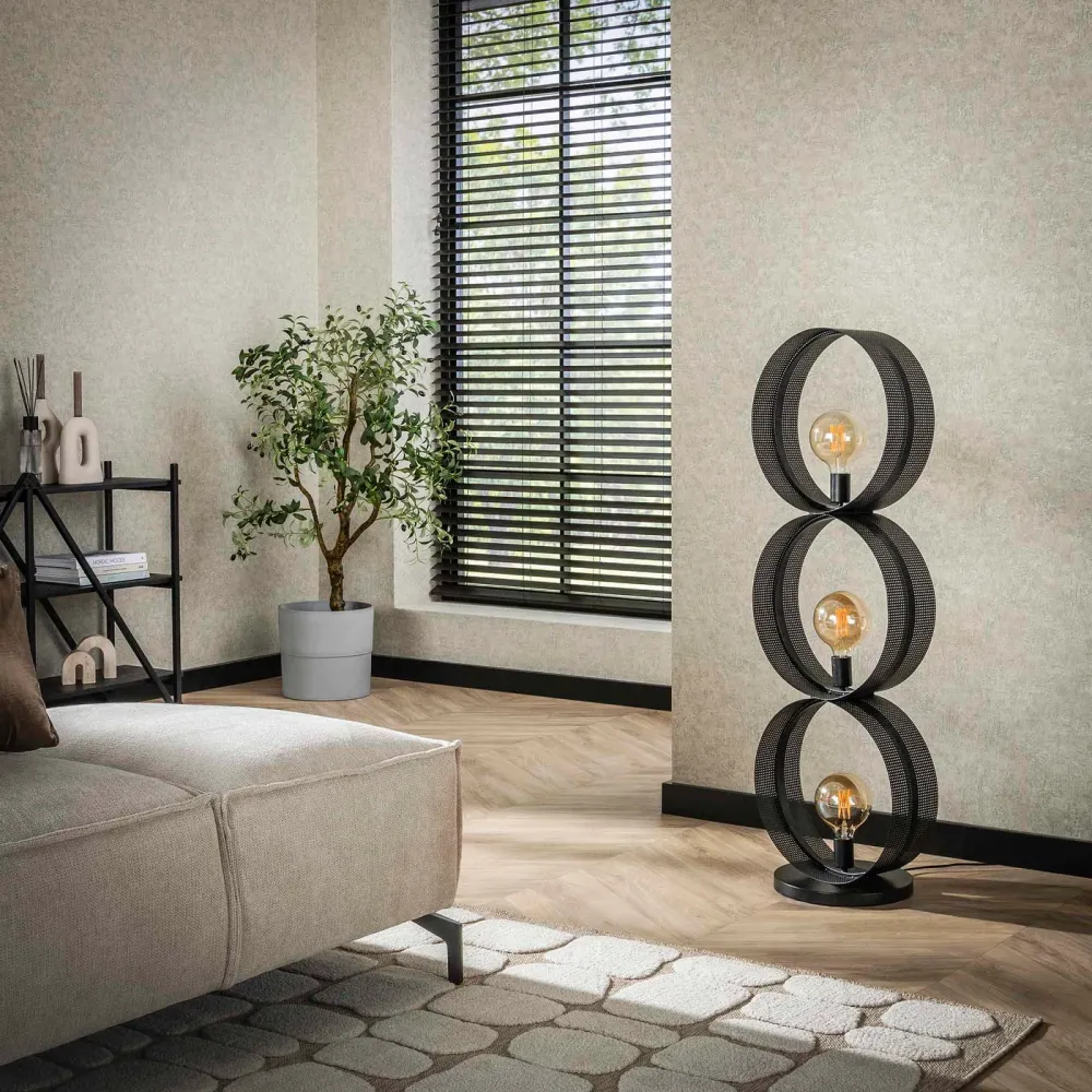 Giga Meubel Vloerlamp Ring - Zwart Metaal - 3-Lichts - 40x30x122cm
