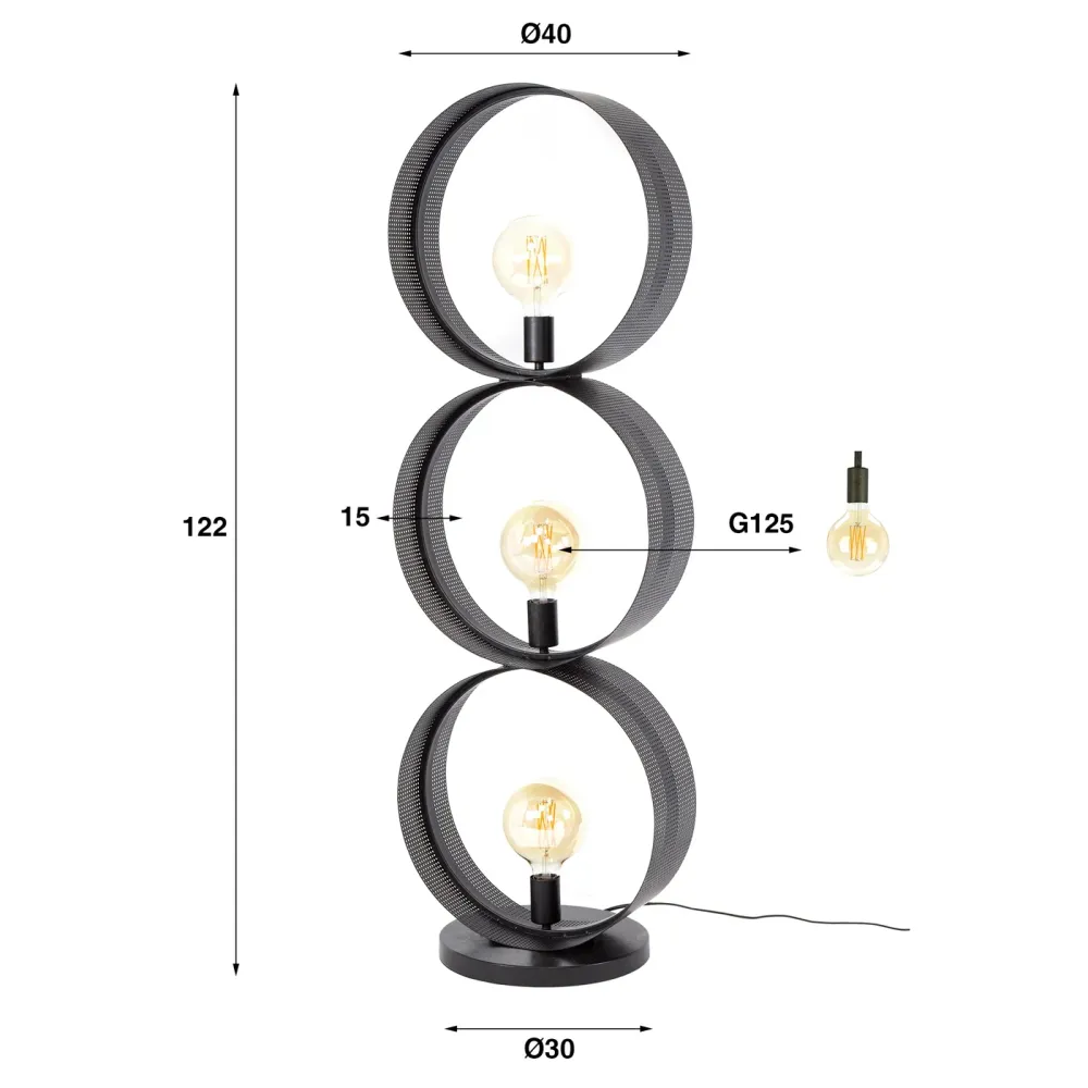 Giga Meubel Vloerlamp Ring - Zwart Metaal - 3-Lichts - 40x30x122cm