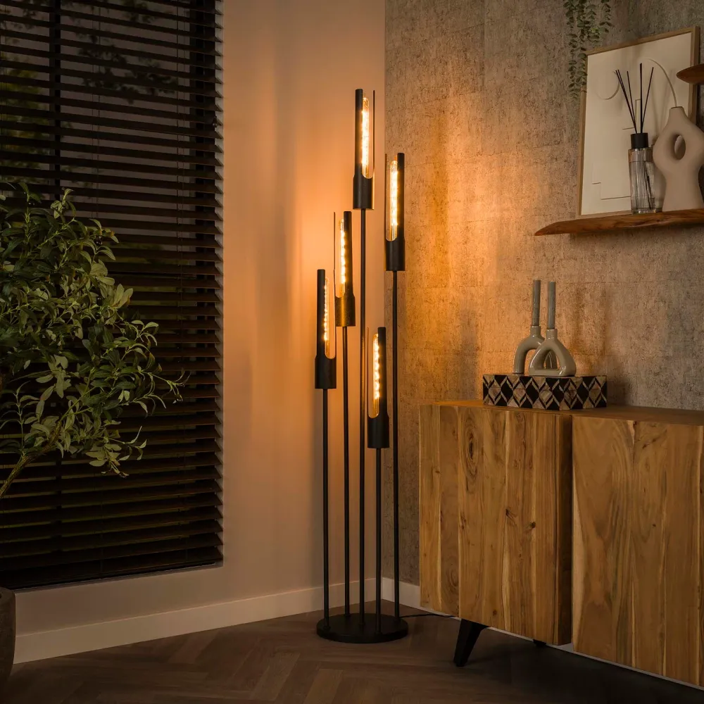 Giga Meubel Vloerlamp Tube - Zwart Metaal - 5-Lichts - 30x30x176cm