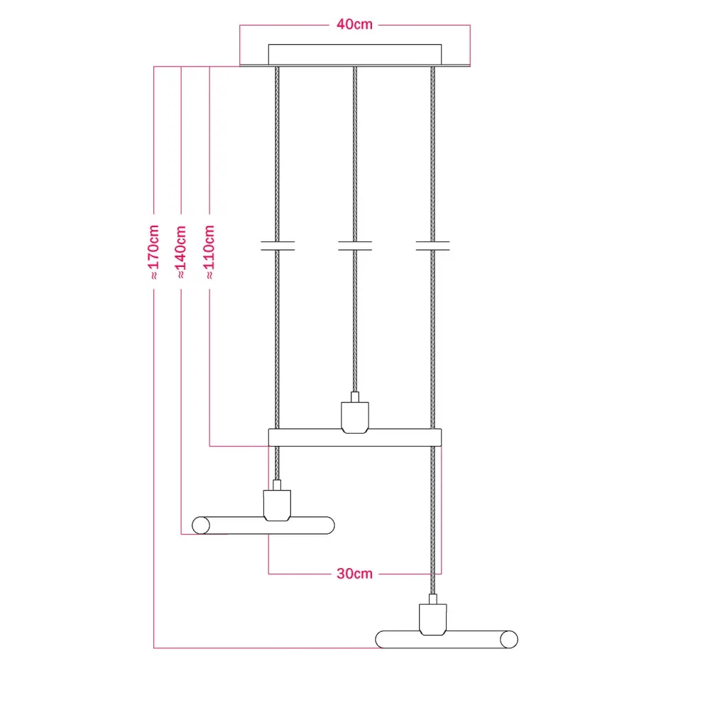 Hanglamp met 3 asymmetrische pendels esse14 met Rose-One, compleet met textiel strijkijzersnoer en metalen afwerkingen - Z...