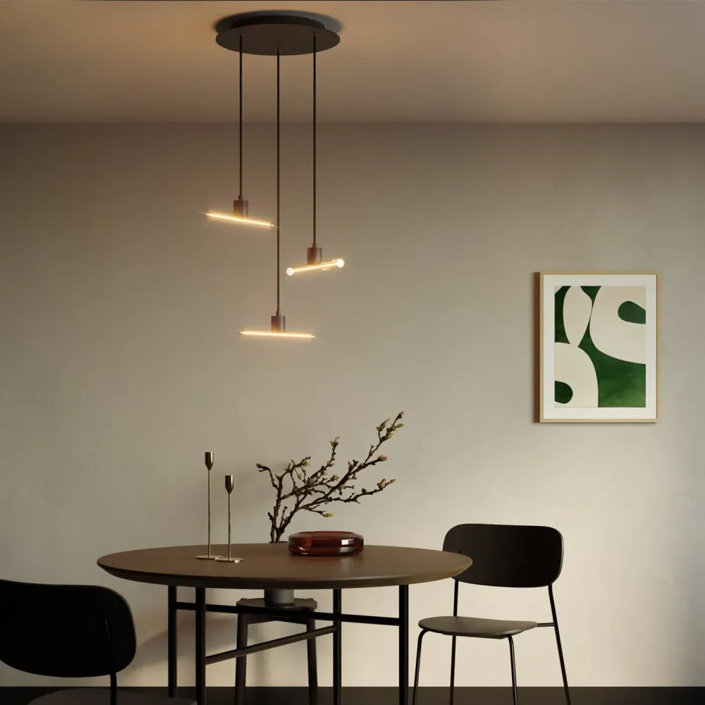 Hanglamp met 3 asymmetrische pendels esse14 met Rose-One, compleet met textiel strijkijzersnoer en metalen afwerkingen - Z...