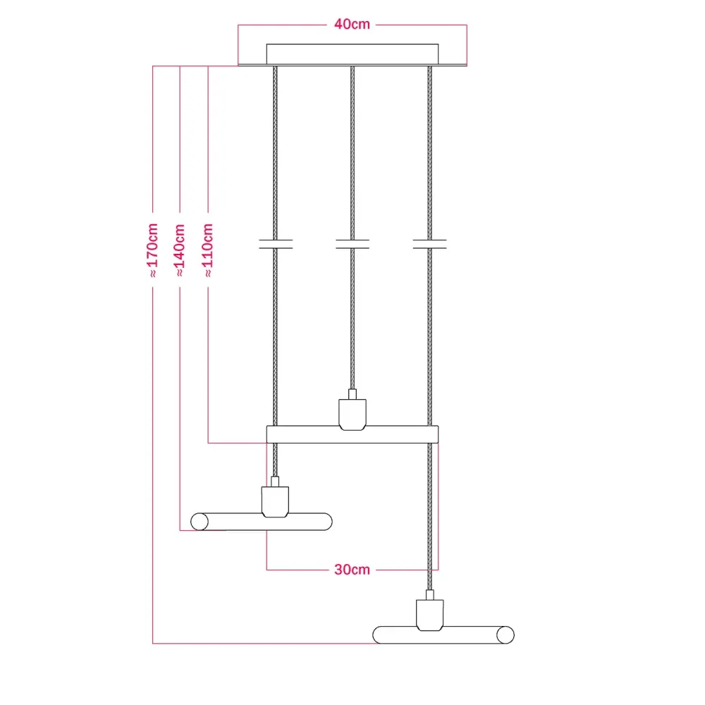 Hanglamp met 3 asymmetrische pendels esse14 met Rose-One, compleet met textiel strijkijzersnoer en metalen afwerkingen - Z...