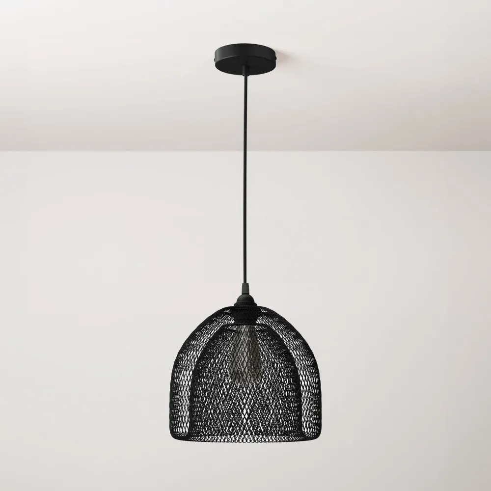 Hanglamp met textielkabel, Ghostbell XL kooikap en metalen details - Zwart