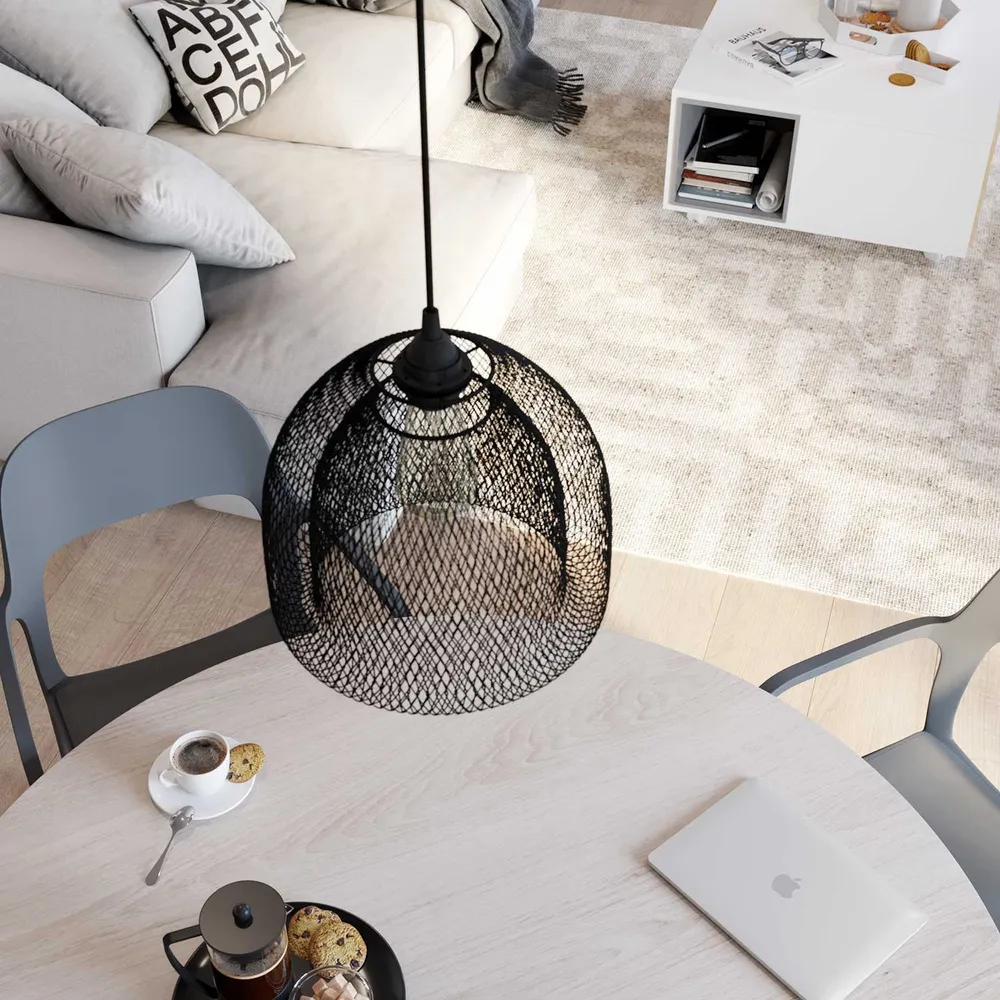 Hanglamp met textielkabel, Ghostbell XL kooikap en metalen details - Zwart