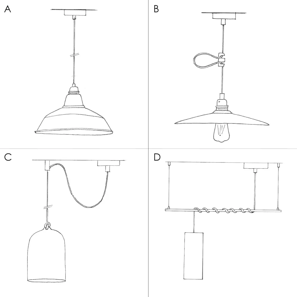 Hanglamp met textielkabel, Ghostbell XL kooikap en metalen details - Zwart