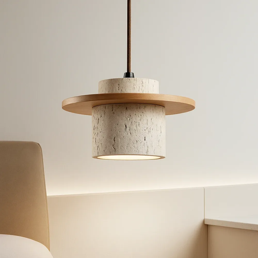 Hanglamp – Travertin & Hout | Retro Stijl | LED Geschikt