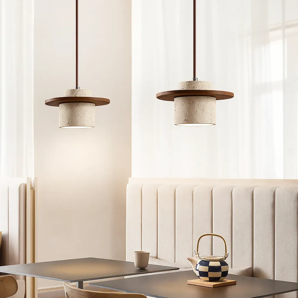 Hanglamp – Travertin & Hout | Retro Stijl | LED Geschikt