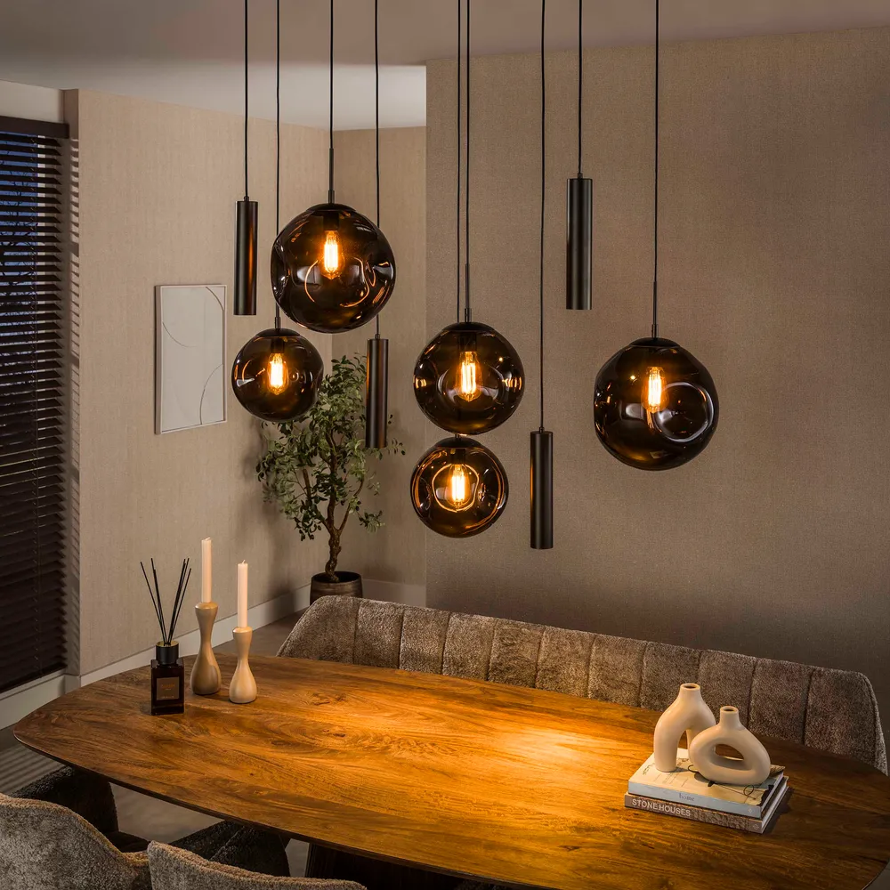 Hanglamp Bellum - 9-lichts - Brons - Glazen Bollen - Met Spots Hanglampen