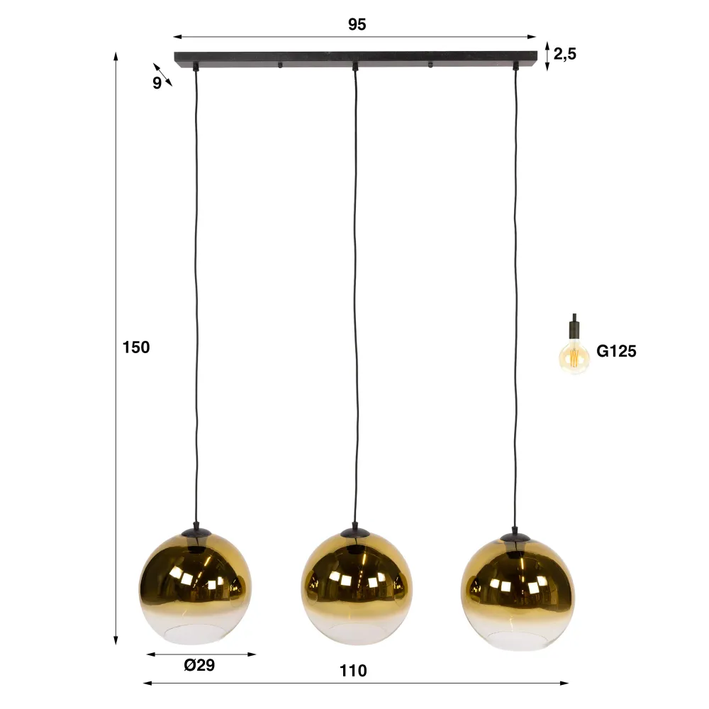 Hanglamp Hudson - 3-lichts - Goud - Glazen Bollen Hanglampen