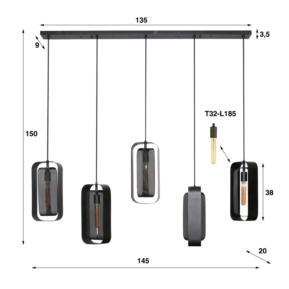 Hanglamp Jaxon - 5-lichts - Zwart - Mesh Hanglampen