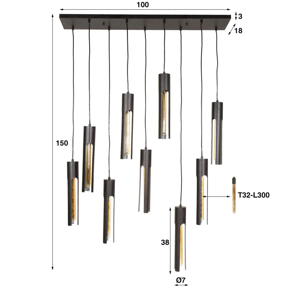 Hanglamp Lumen - 9-lichts - Zwart - Metaal Hanglampen