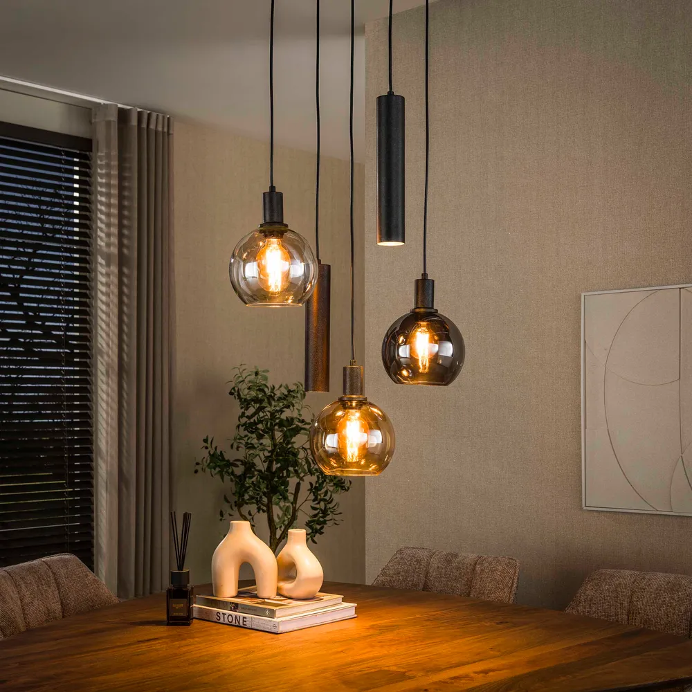 Hanglamp Luneo - 5-lichts - Amber Mix - Glas - Getrapt - Met Spots Hanglampen