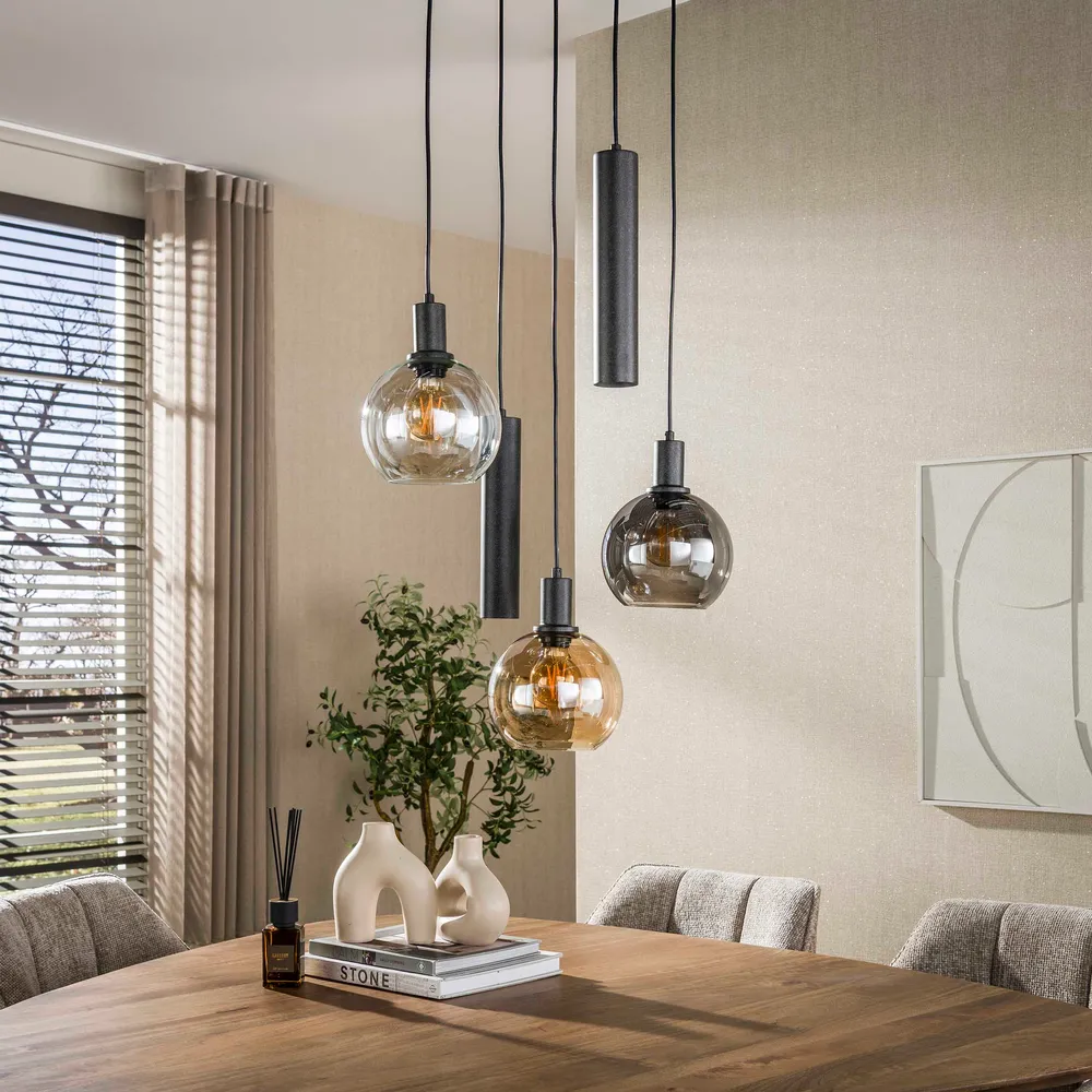 Hanglamp Luneo - 5-lichts - Amber Mix - Glas - Getrapt - Met Spots Hanglampen