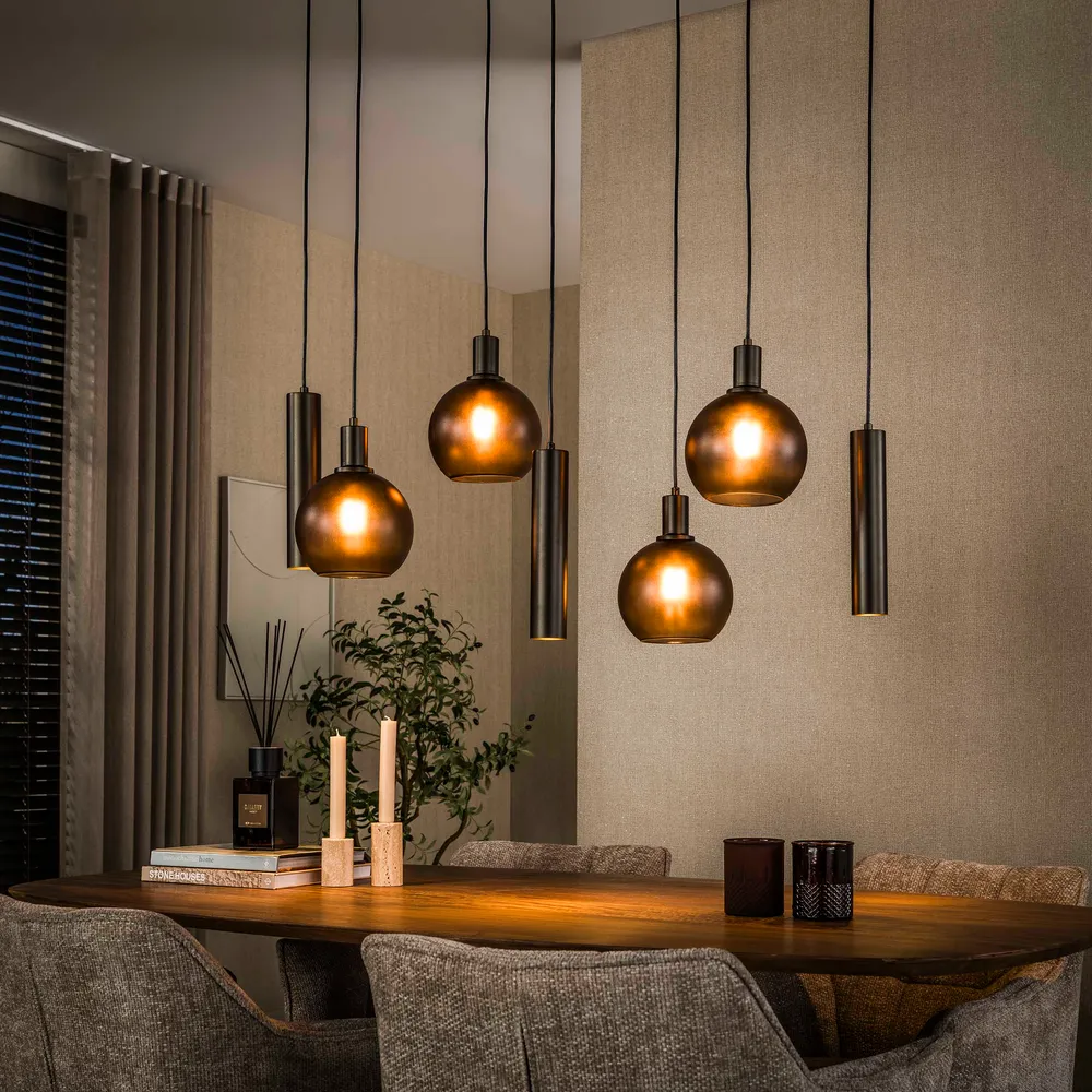Hanglamp Luneo - 7-lichts - Brons - Matglas - Met Spots Hanglampen