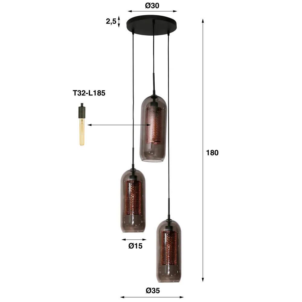 Hanglamp Nyla - 3-lichts - Smoke - Glas Hanglampen