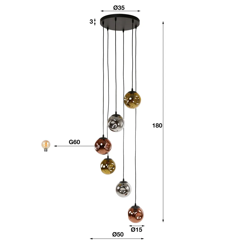 Hanglamp Petra - 6-lichts - Amber Mix - Glas Hanglampen