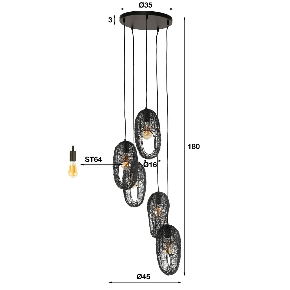 Hanglamp Roslyn - 5-lichts - Zwart - Mesh Hanglampen
