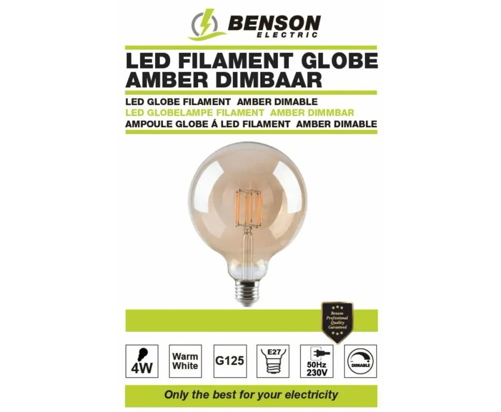 LED Globe Filament G125 4W Amber, E27, Dimbaar, 3000K, 360lm