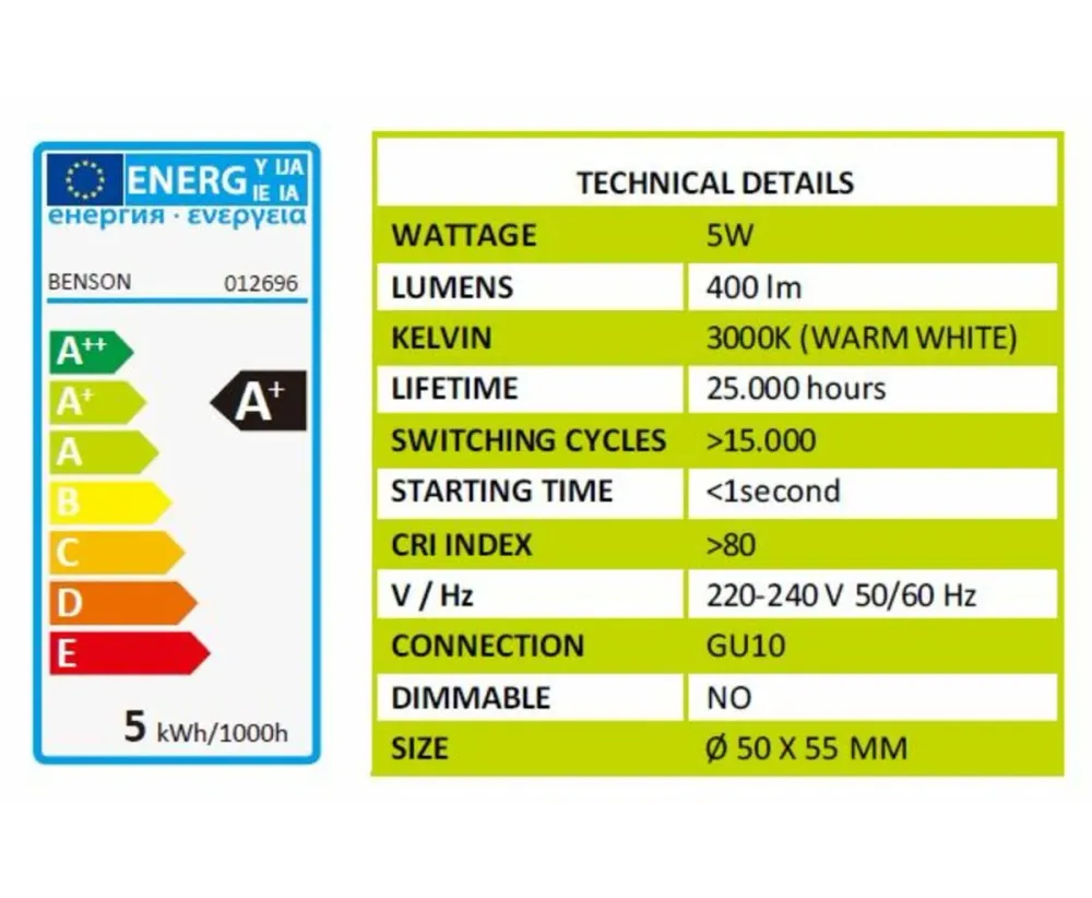 LED Lamp GU10 5W 3-delig, 400lm, 3000K, 25.000 uur, snelle start