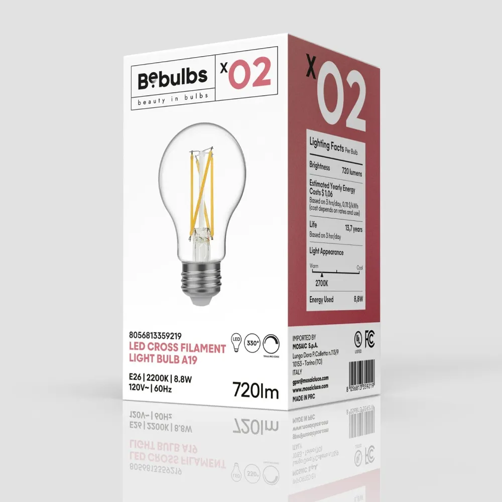 LED Lichtbron Cross Filament A19 8.8W 720Lm E26 120V 2200K Dimbaar - X02