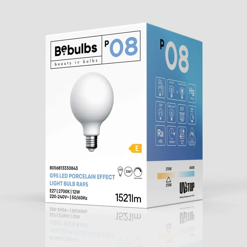 LED lichtbron Porselein Effect CRI 95 G95 12W 1521Lm E27 2700K Dimbaar - P08