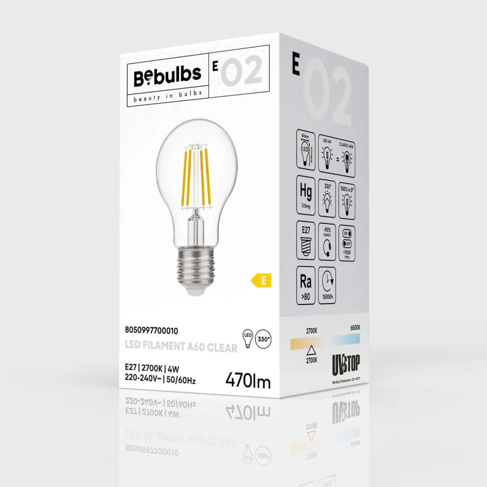 LED Lichtbron Transparant Druppel A60 4W 470Lm E27 2700K - E02