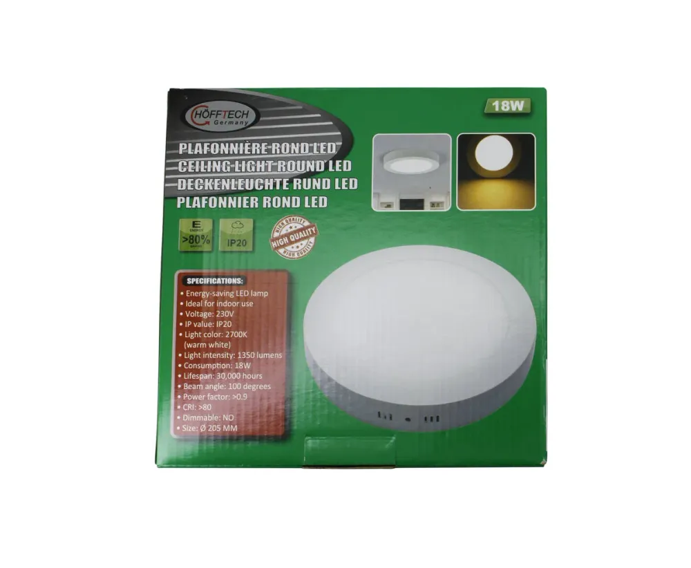 LED Plafonnière 18W Ø205mm, 1350lm Warm Wit, Voor Binnengebruik