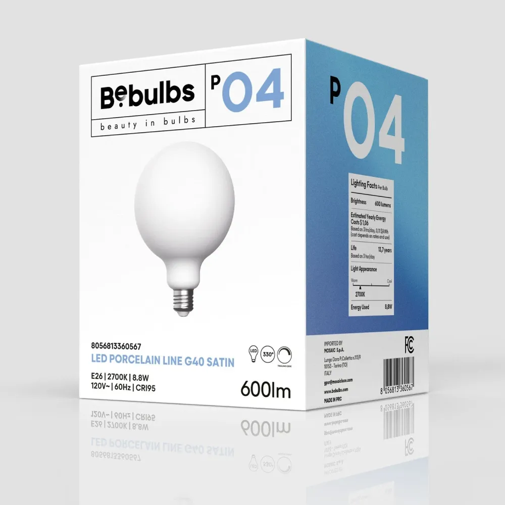 LED-lichtbron porseleineffect CRI 95 G40 8,8W 600 lm E26 120V 2700K dimbaar - P04