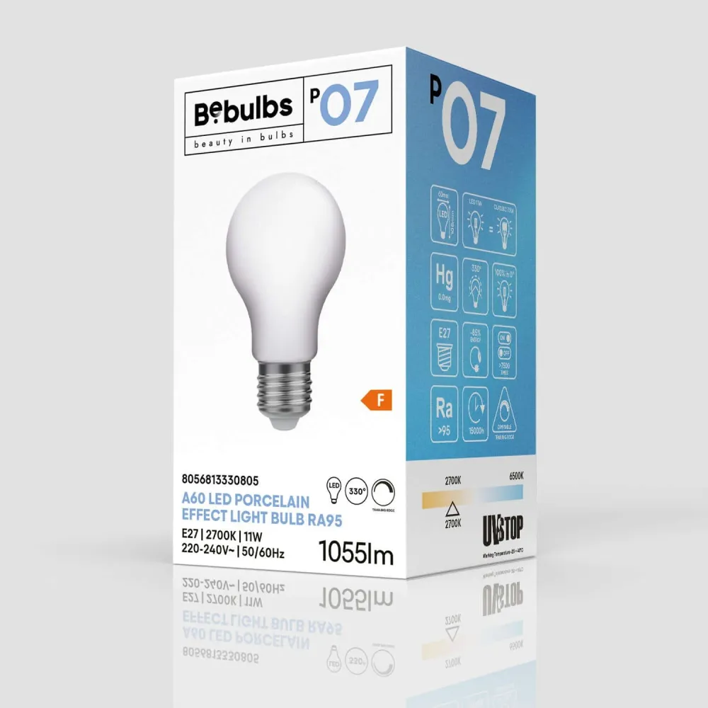 Lichtbron LED Porselein Effect CRI 95 A60 11W 1055Lm E27 2700K Dimbaar - P07