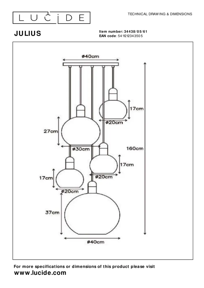 Hanglamp Julius | 5 Lampen | E27 | Opaal Lucide