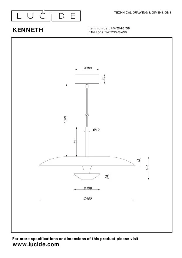Lucide hanglamp KENNETH - Geïntegreerde LED - Zwart