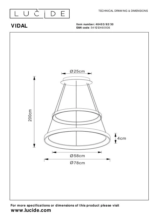 Lucide hanglamp VIDAL - Geïntegreerde LED - Zwart
