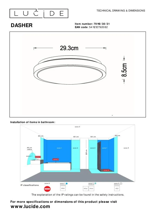 Lucide plafonnière badkamer DASHER - 1xGeïntegreerde LED - Wit