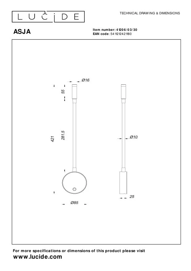 Lucide wandspot ASJA - Geïntegreerde LED - Zwart