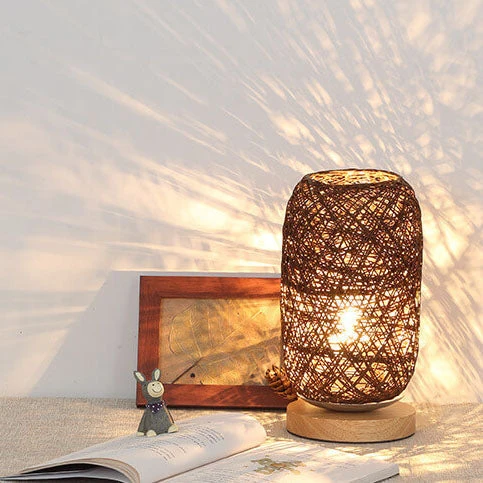 Industriële Rotan & Houten Tafellamp met Japandi Design Lumio