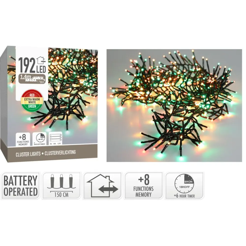 Clusterverlichting 192 Led - 1.4M - Three Tone Traditional - Batterij - Lichtfuncties - Geheugen - Timer Marcels Webwinkel