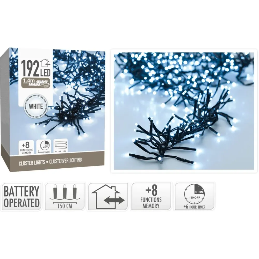 Clusterverlichting 192 Led - 1.4M - Wit - Batterij - Lichtfuncties - Geheugen - Timer Marcels Webwinkel