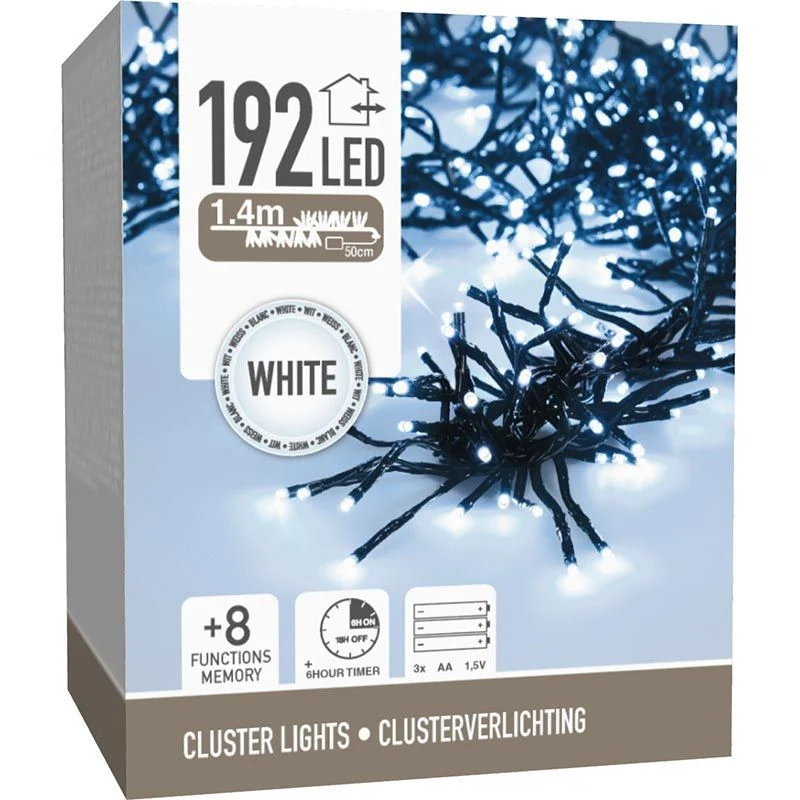 Clusterverlichting 192 Led - 1.4M - Wit - Batterij - Lichtfuncties - Geheugen - Timer Marcels Webwinkel