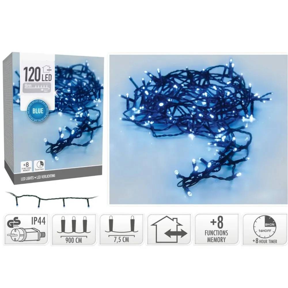 Kerstverlichting 120 Led- 9M - Blauw - Timer - Lichtfuncties - Geheugen - Buiten Marcels Webwinkel