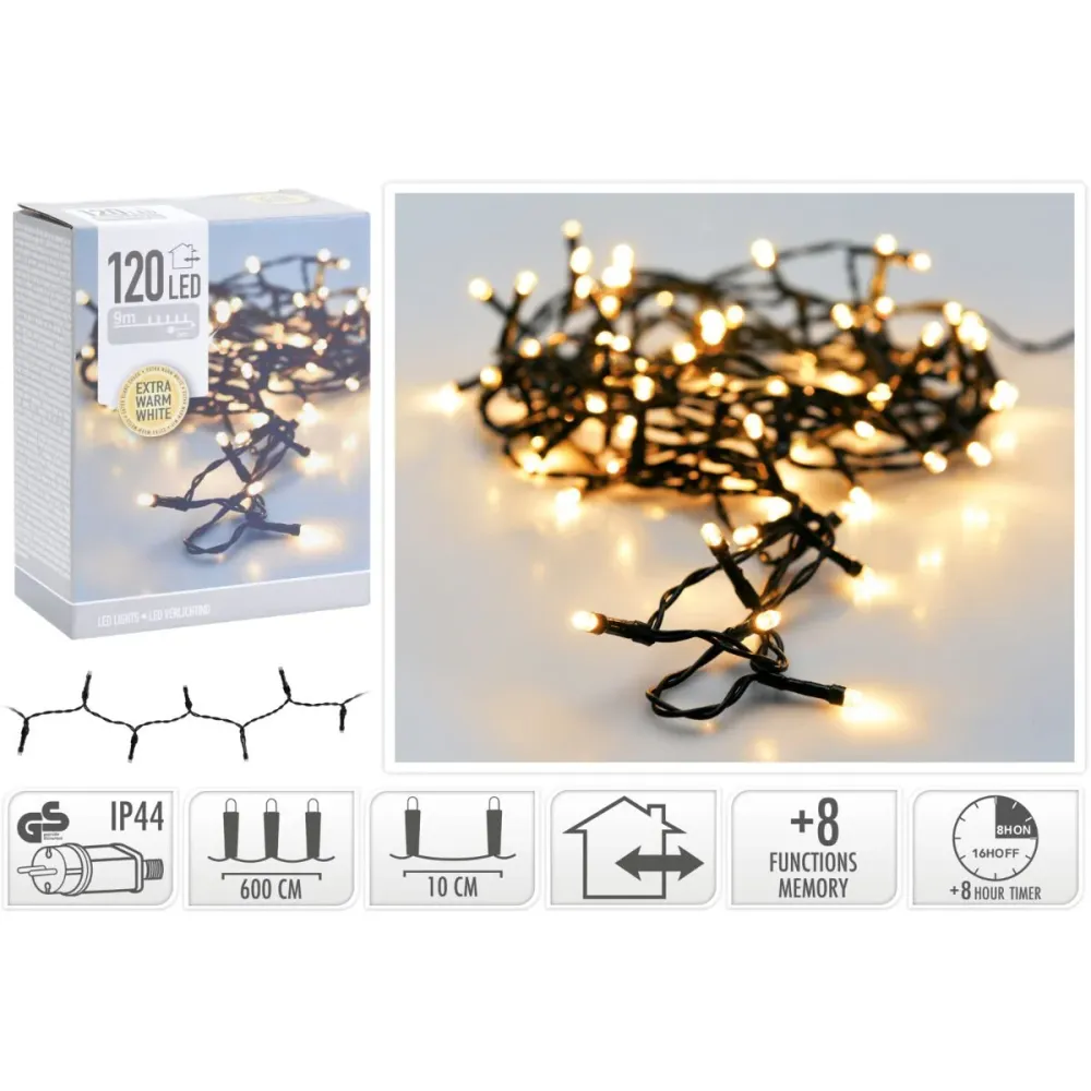 Kerstverlichting 120 Led- 9M - Extra Warm Wit - Timer - Lichtfuncties - Geheugen - Buiten Marcels Webwinkel