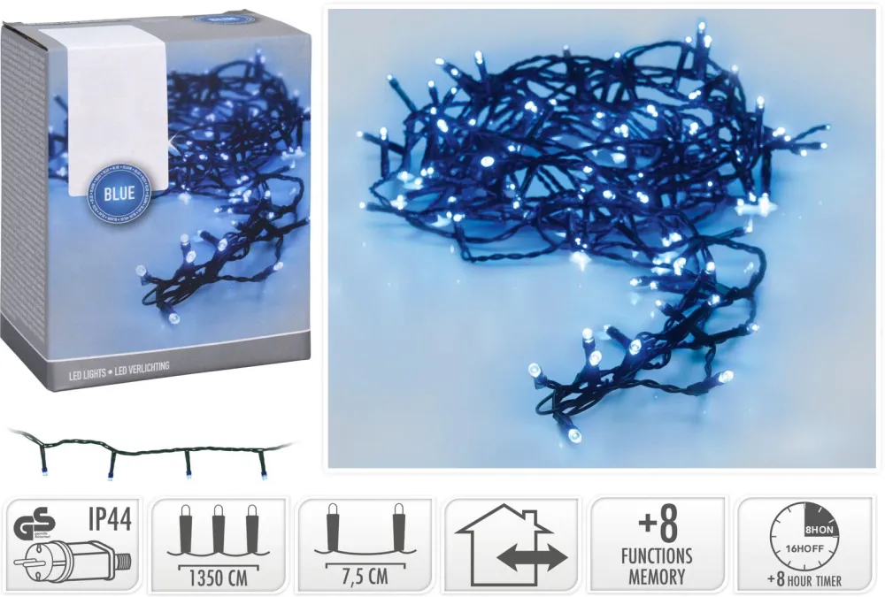Kerstverlichting 180 Led- 13.5M - Blauw - Timer - Lichtfuncties - Geheugen - Buiten Marcels Webwinkel