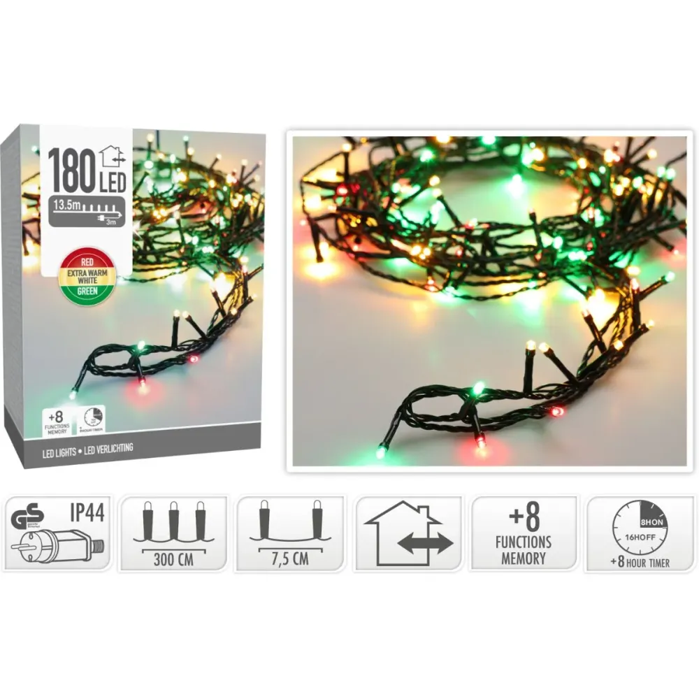 Kerstverlichting 180 Led- 13.5M - Three Tone Traditional - Timer - Lichtfuncties - Geheugen - Buiten Marcels Webwinkel