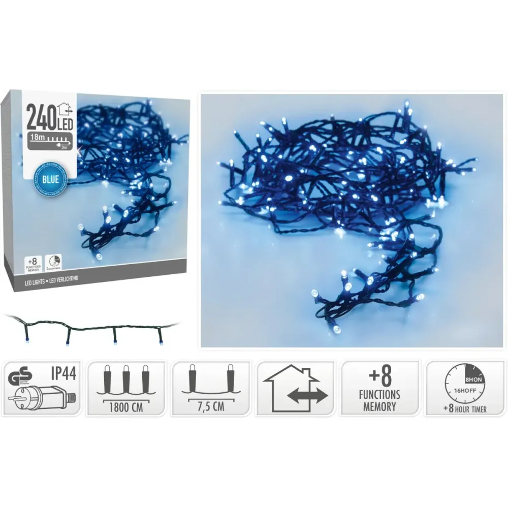 Kerstverlichting 240 Led- 18M - Blauw - Timer - Lichtfuncties - Geheugen - Buiten Marcels Webwinkel